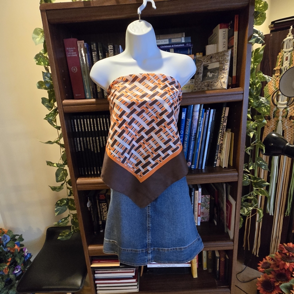 Geometric Orange and Brown Scarf, Vintage 406 Collection Nylon, 26" Square